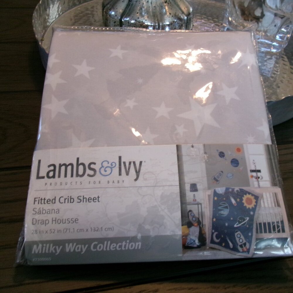 NEW Lambs & Ivy Milky Way Gray/White Stars 100% Cotton Baby Fitted Crib Sheet